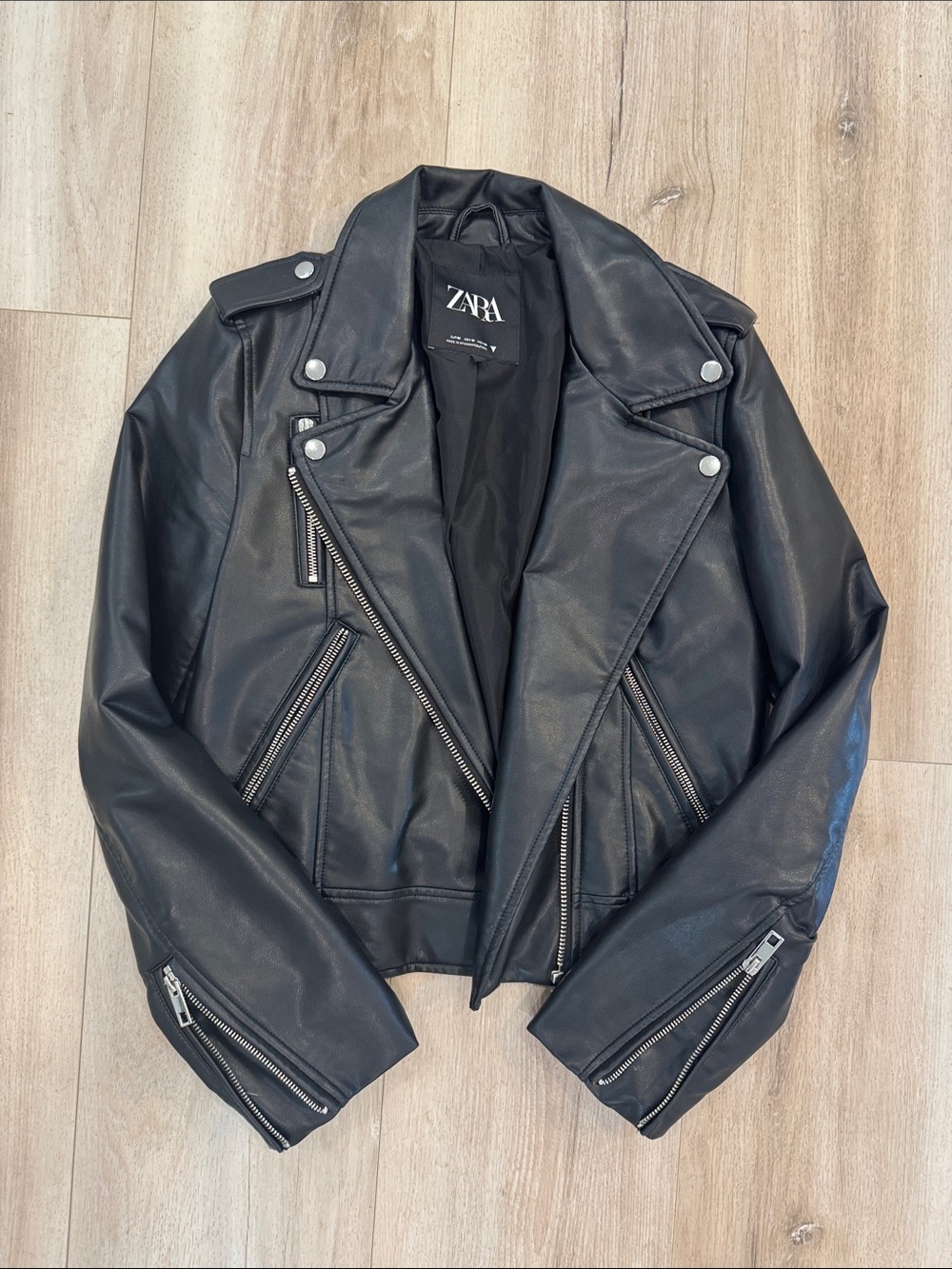 Zara Black Faux Leather Biker Jacket with Silver Hardware
